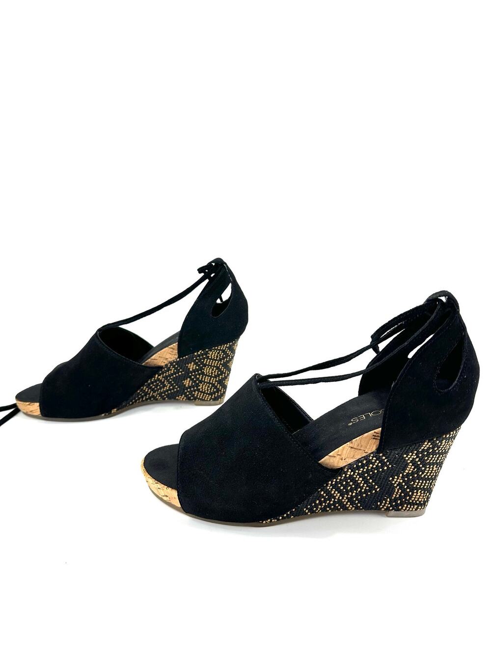 Aerosoles Spring Plush Wedge Sandal Size 9.5M Black Leather Strappy Ankle Wrap